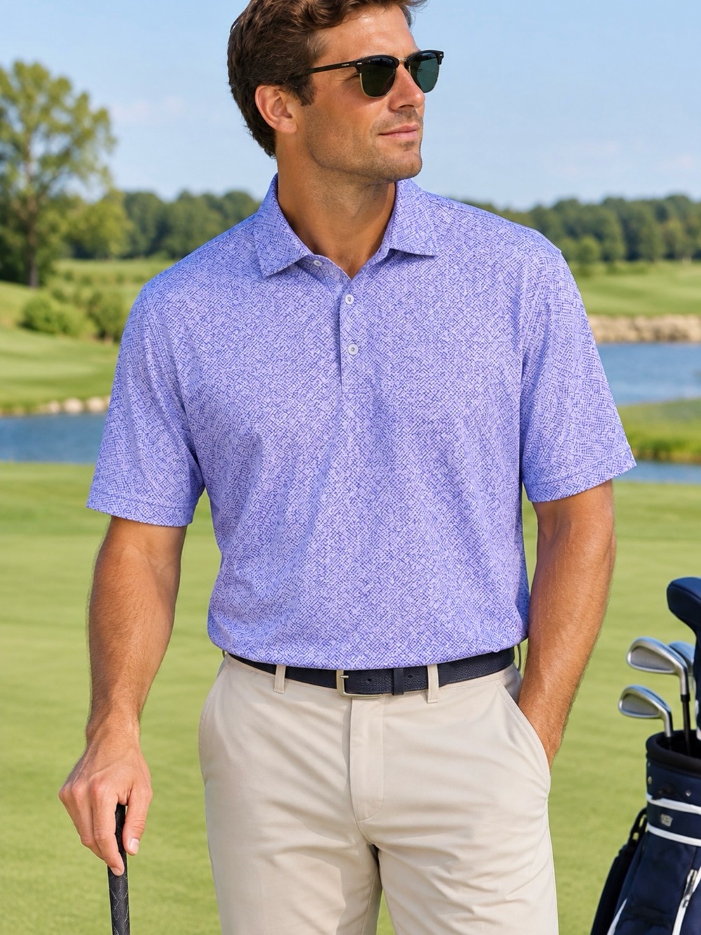 Tailorbyrd Men's Light Purple and Blue Patterned Short-Sleeve Polo